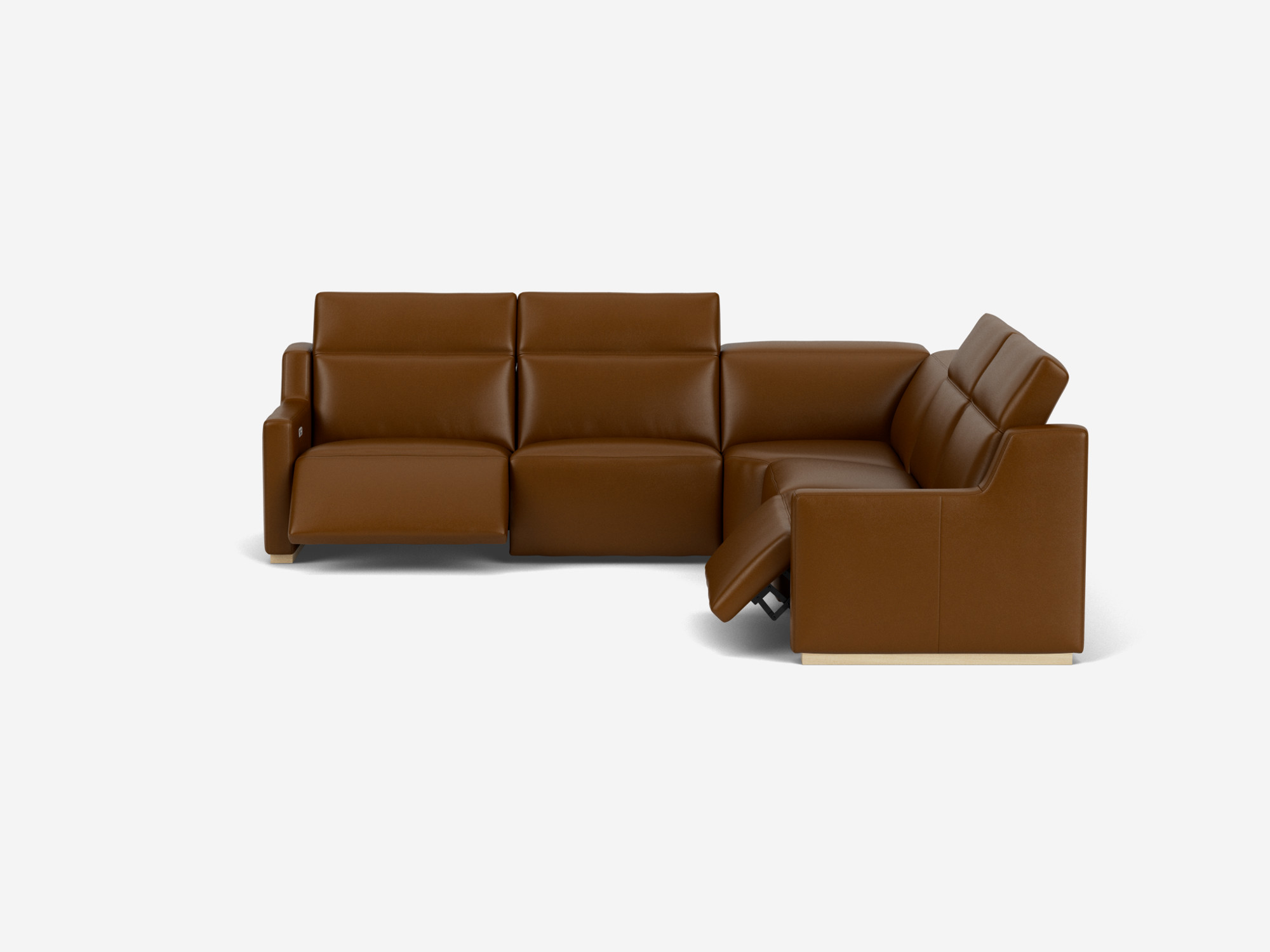 Right hand front view of brown leather reclining sectional sofa